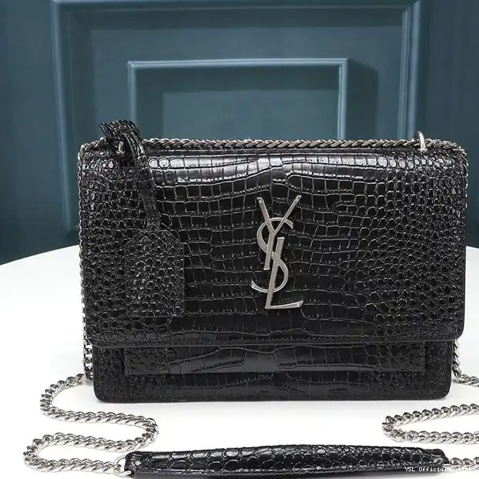 CHEAP Leather Bag Embossed Sunset Silver Medium In Crocodile Black Laurent Saint Chain 0326